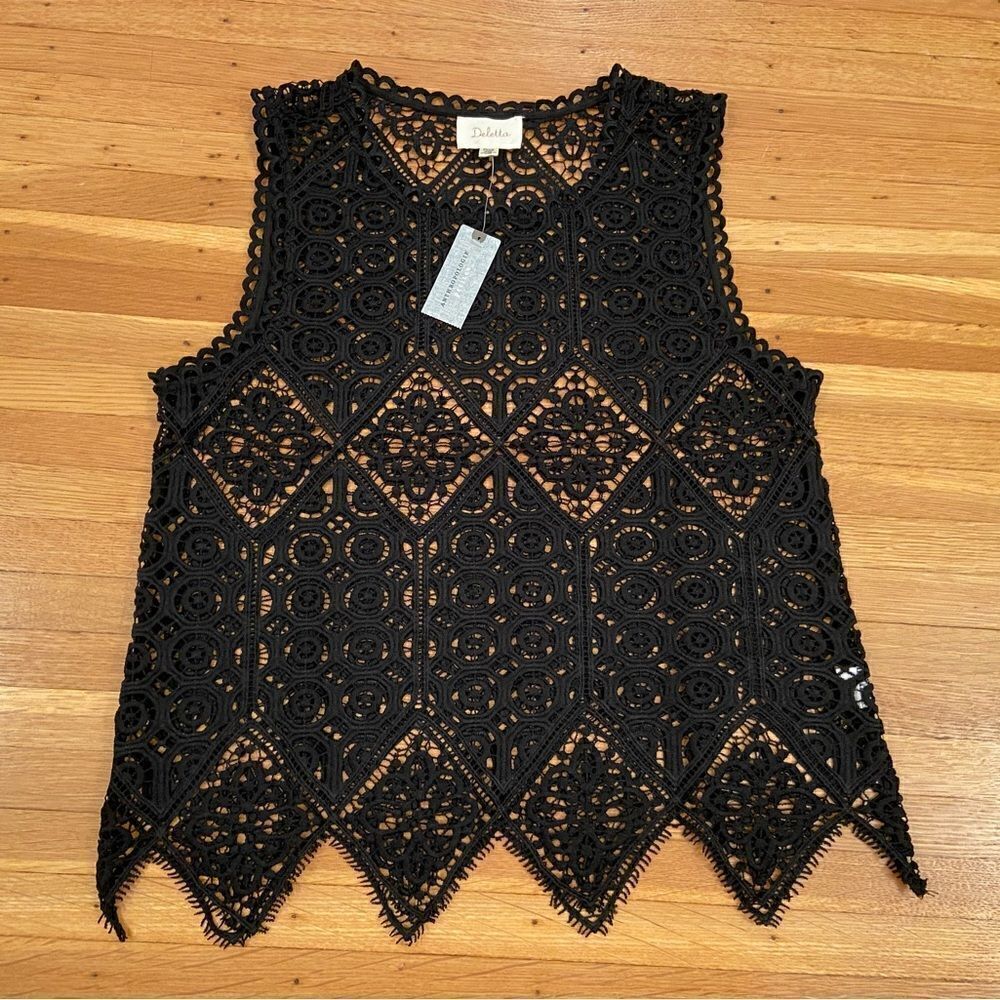 Deletta Anthropologie Petites black open knit tank top NWT